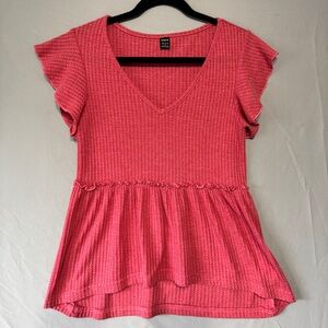 Womens Pink Waffle Vneck Top Size Medium Flutter Sleeves Empire Waist Office